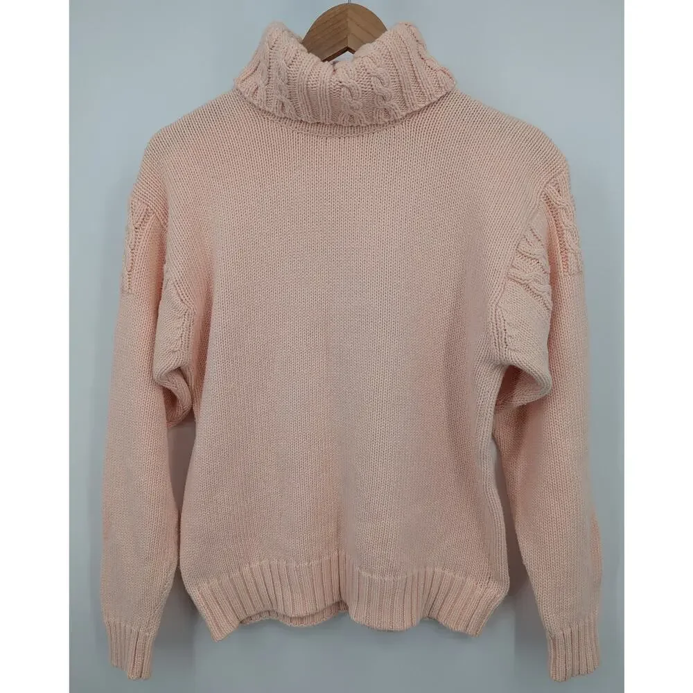 Vintage Talbots 100% Cotton Peach Cable Knit Turtleneck Sweater Women’s Medium